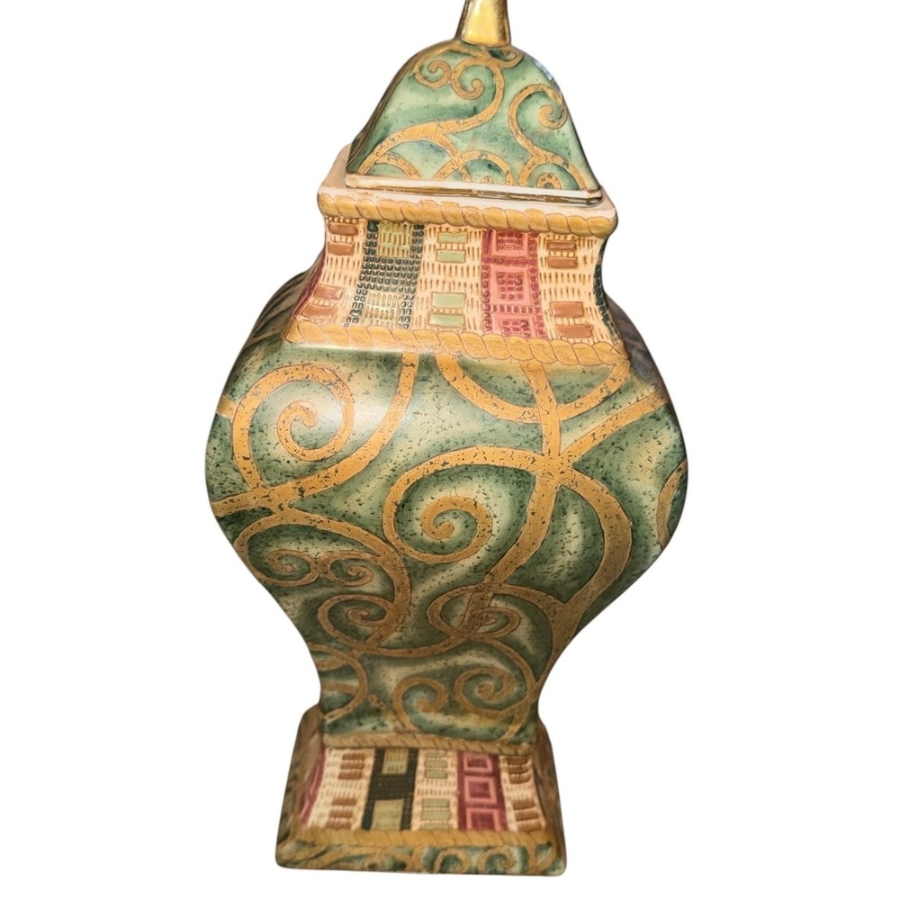 Oriental Accent A39 13.5" Porcelain Lidded Vase Green Gold Floral Arrangement